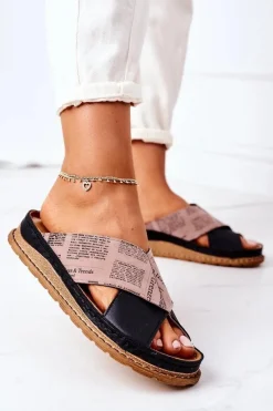 Skórzane Profilowane Klapki 04986-01 Czarno-Brązowe Damskie Klapki Damskie Klasyczne