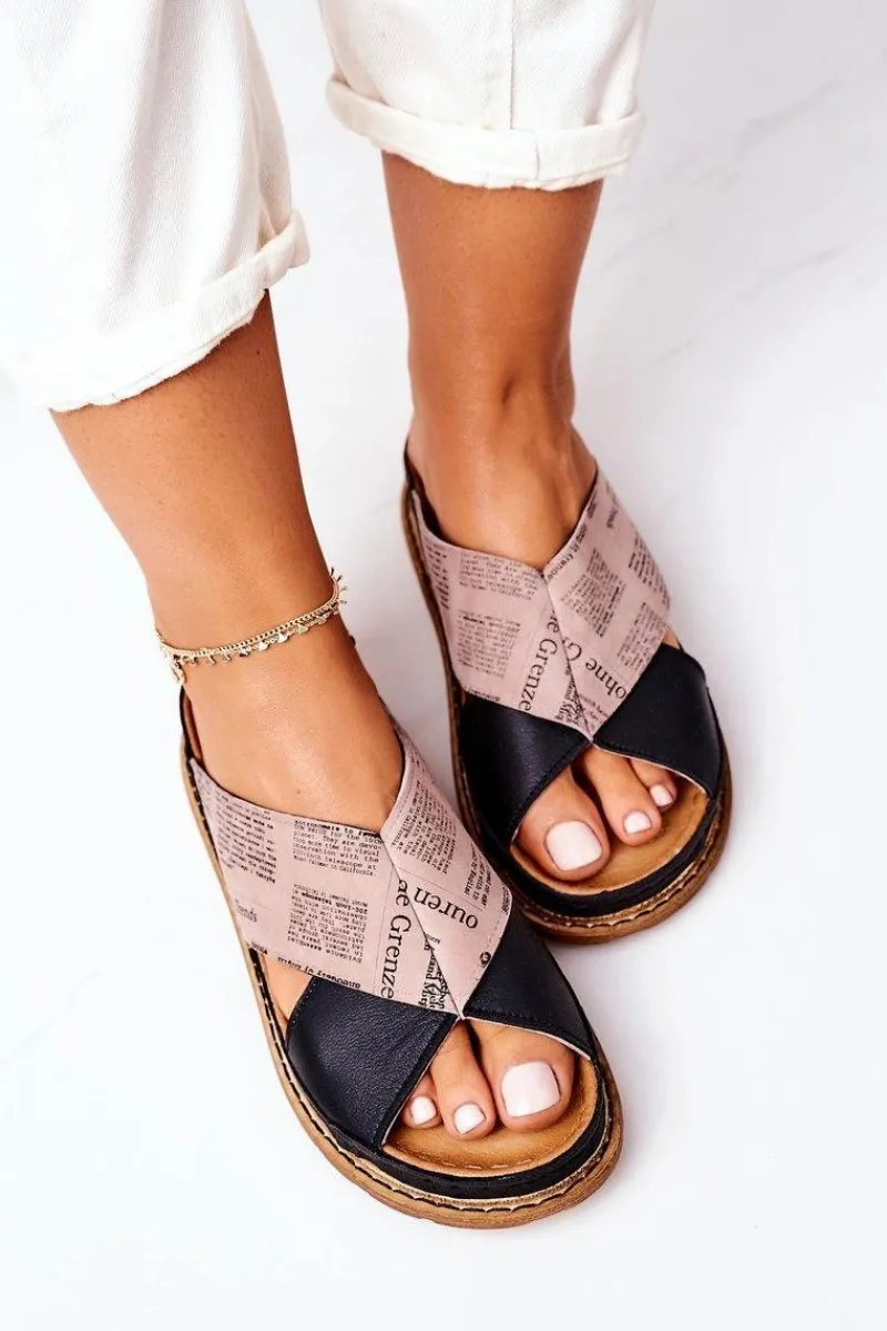 Skórzane Profilowane Klapki 04986-01 Czarno-Brązowe Damskie Klapki Damskie Klasyczne