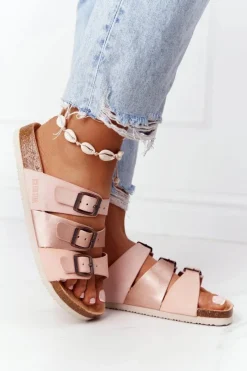 New Skórzane Profilowane Klapki Big Star HH274586 Różowo-Miedziane Damskie Klapki Damskie Klasyczne