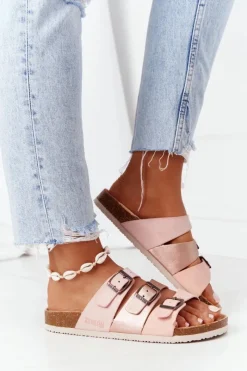 New Skórzane Profilowane Klapki Big Star HH274586 Różowo-Miedziane Damskie Klapki Damskie Klasyczne