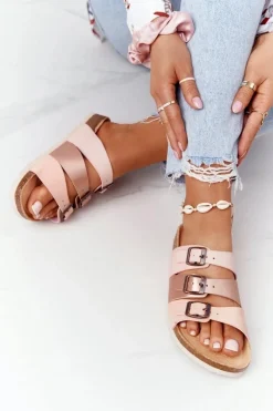 New Skórzane Profilowane Klapki Big Star HH274586 Różowo-Miedziane Damskie Klapki Damskie Klasyczne