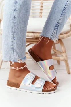 Klapki Damskie Klasyczne>Big Star Shoes Skórzane Profilowane Klapki Big Star HH274895 Srebrne