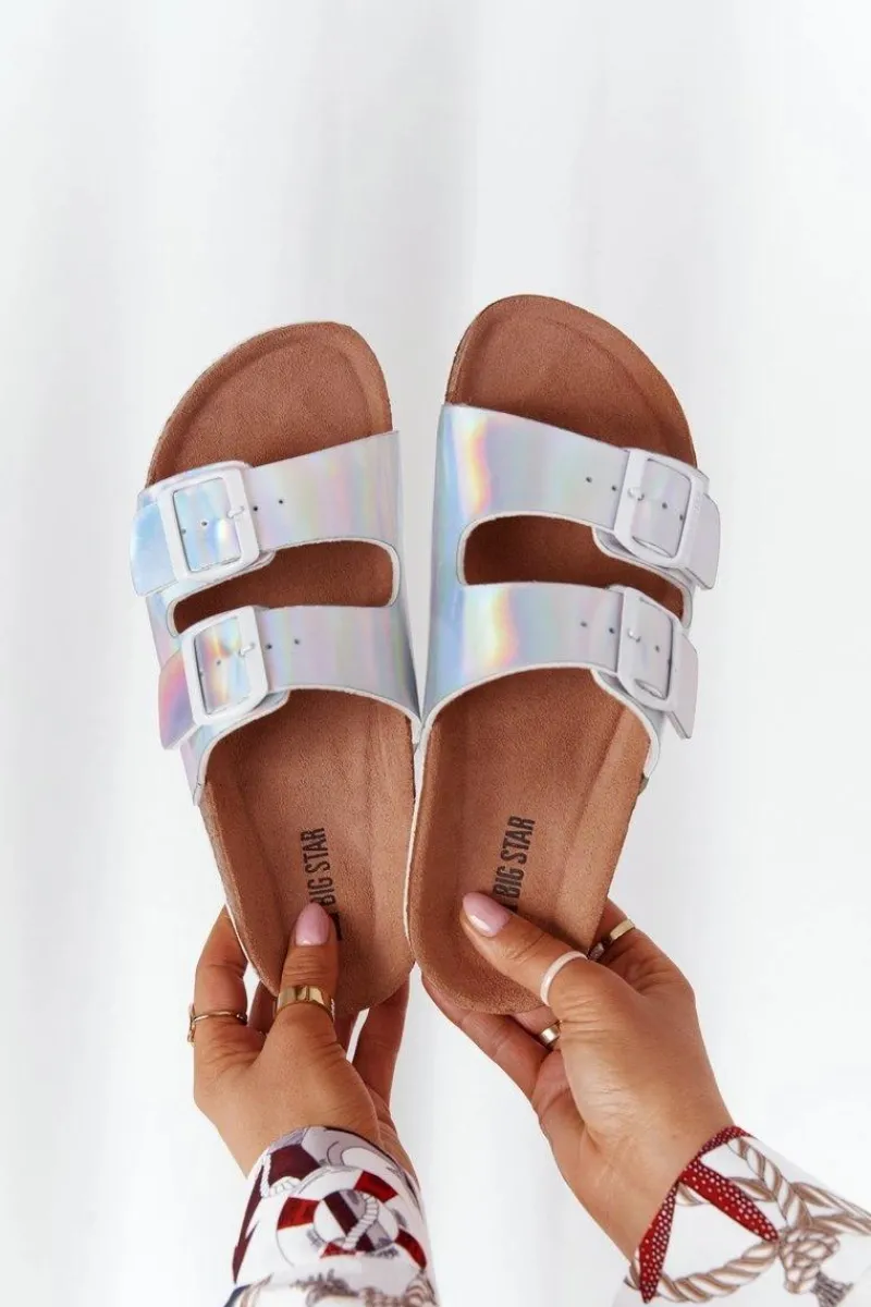 Klapki Damskie Klasyczne>Big Star Shoes Skórzane Profilowane Klapki Big Star HH274895 Srebrne