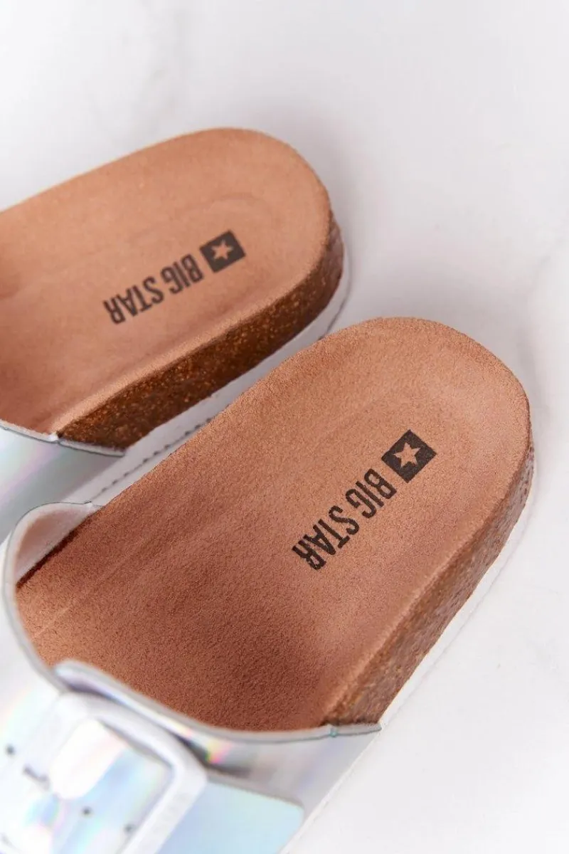 Klapki Damskie Klasyczne>Big Star Shoes Skórzane Profilowane Klapki Big Star HH274895 Srebrne