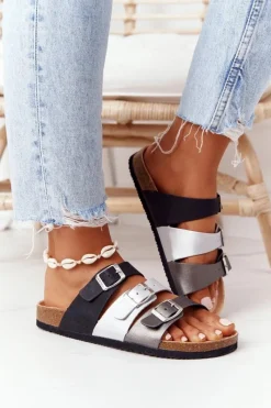 Outlet Big Star Shoes Skórzane Profilowane Klapki Big Star HH274588 Czarno-Srebrne