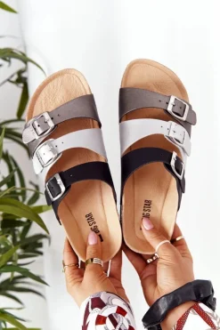 Outlet Big Star Shoes Skórzane Profilowane Klapki Big Star HH274588 Czarno-Srebrne