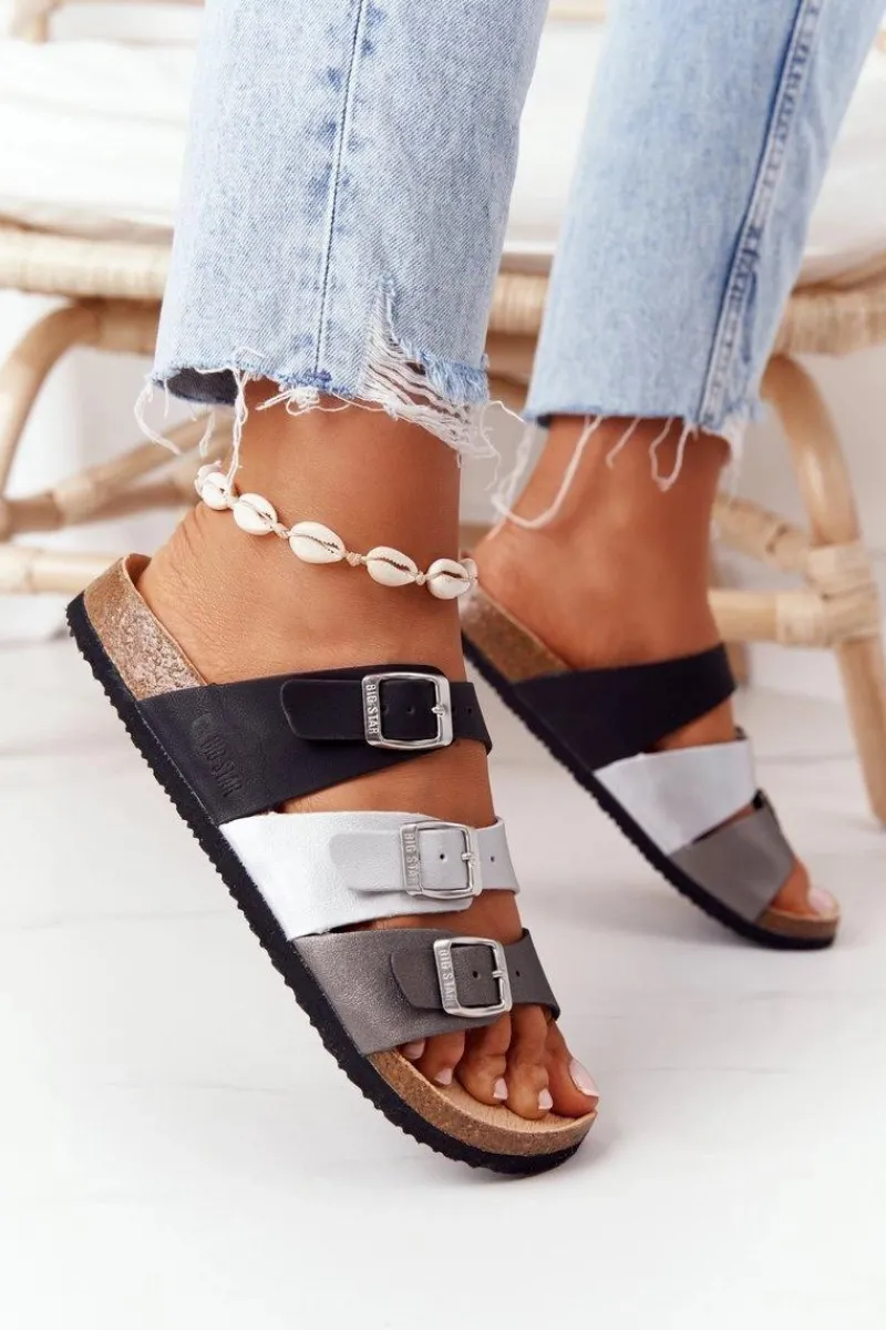 Outlet Big Star Shoes Skórzane Profilowane Klapki Big Star HH274588 Czarno-Srebrne