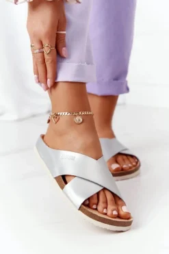 Skórzane Profilowane Klapki Big Star HH274650 Srebrne Damskie Klapki Damskie Klasyczne