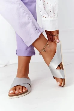 Skórzane Profilowane Klapki Big Star HH274650 Srebrne Damskie Klapki Damskie Klasyczne