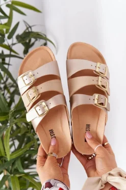 Big Star Shoes Skórzane Profilowane Klapki Big Star HH274585 Beżowo-Złote