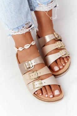 Big Star Shoes Skórzane Profilowane Klapki Big Star HH274585 Beżowo-Złote