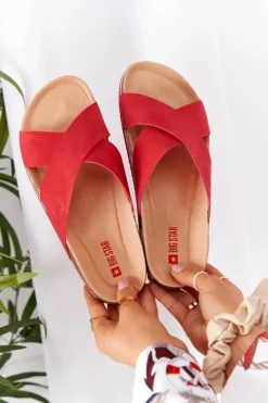 Hot Skórzane Profilowane Klapki Big Star HH274598 Czerwone Damskie Klapki Damskie Klasyczne