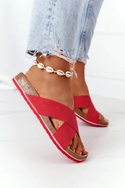 Hot Skórzane Profilowane Klapki Big Star HH274598 Czerwone Damskie Klapki Damskie Klasyczne