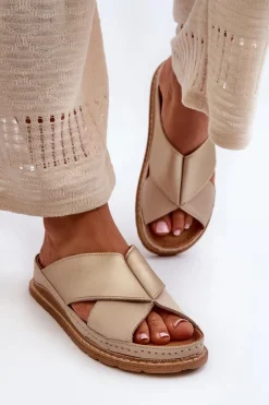 New Maciejka Skórzane Profilowane Klapki 04986-04 Złoto-Beżowe