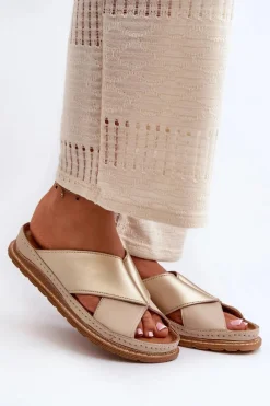 New Maciejka Skórzane Profilowane Klapki 04986-04 Złoto-Beżowe