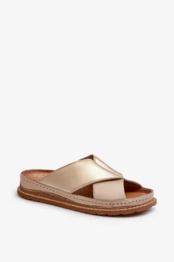 New Maciejka Skórzane Profilowane Klapki 04986-04 Złoto-Beżowe