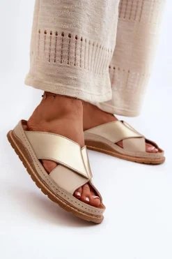 New Maciejka Skórzane Profilowane Klapki 04986-04 Złoto-Beżowe