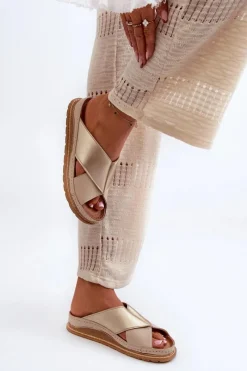 New Maciejka Skórzane Profilowane Klapki 04986-04 Złoto-Beżowe