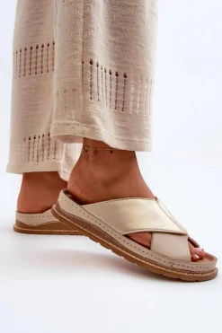 New Maciejka Skórzane Profilowane Klapki 04986-04 Złoto-Beżowe