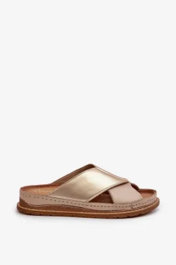 New Maciejka Skórzane Profilowane Klapki 04986-04 Złoto-Beżowe