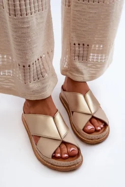 New Maciejka Skórzane Profilowane Klapki 04986-04 Złoto-Beżowe