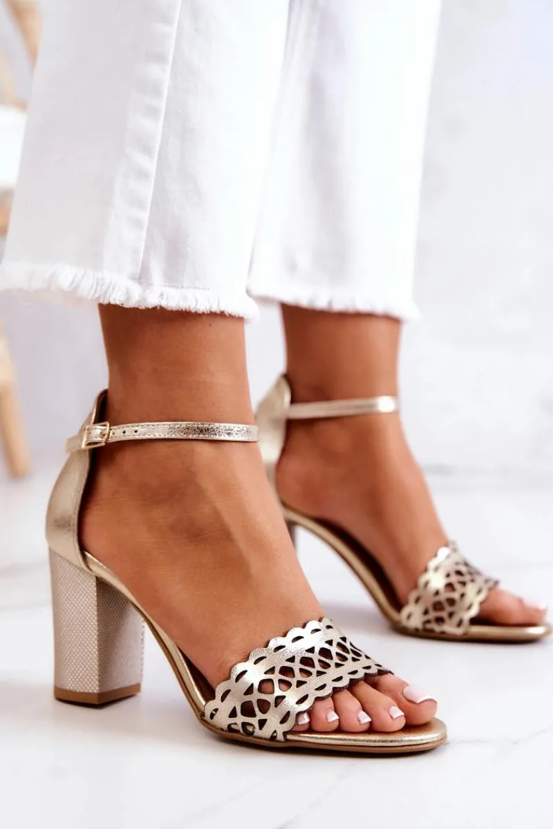 Clearance Skórzane Sandałki Ażurowe Lewski 2869 Złote Damskie Sandały Ażurowe|Sandały Na Obcasie