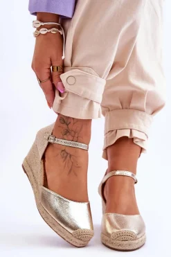 Sandały Na Koturnie>Boto Skórzane Sandałki Espadryle Na Koturnie Złote Cammer