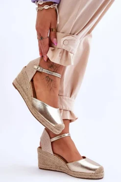 Sandały Na Koturnie>Boto Skórzane Sandałki Espadryle Na Koturnie Złote Cammer