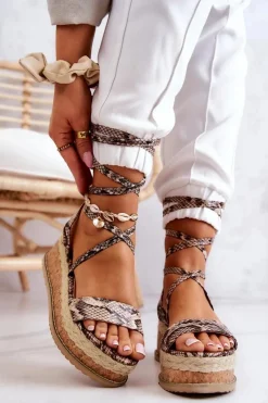 Sandały Na Koturnie>Boto Skórzane Sandałki Espadryle Na Koturnie Beżowo-Brązowe Shanny