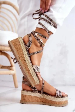 Sandały Na Koturnie>Boto Skórzane Sandałki Espadryle Na Koturnie Beżowo-Brązowe Shanny