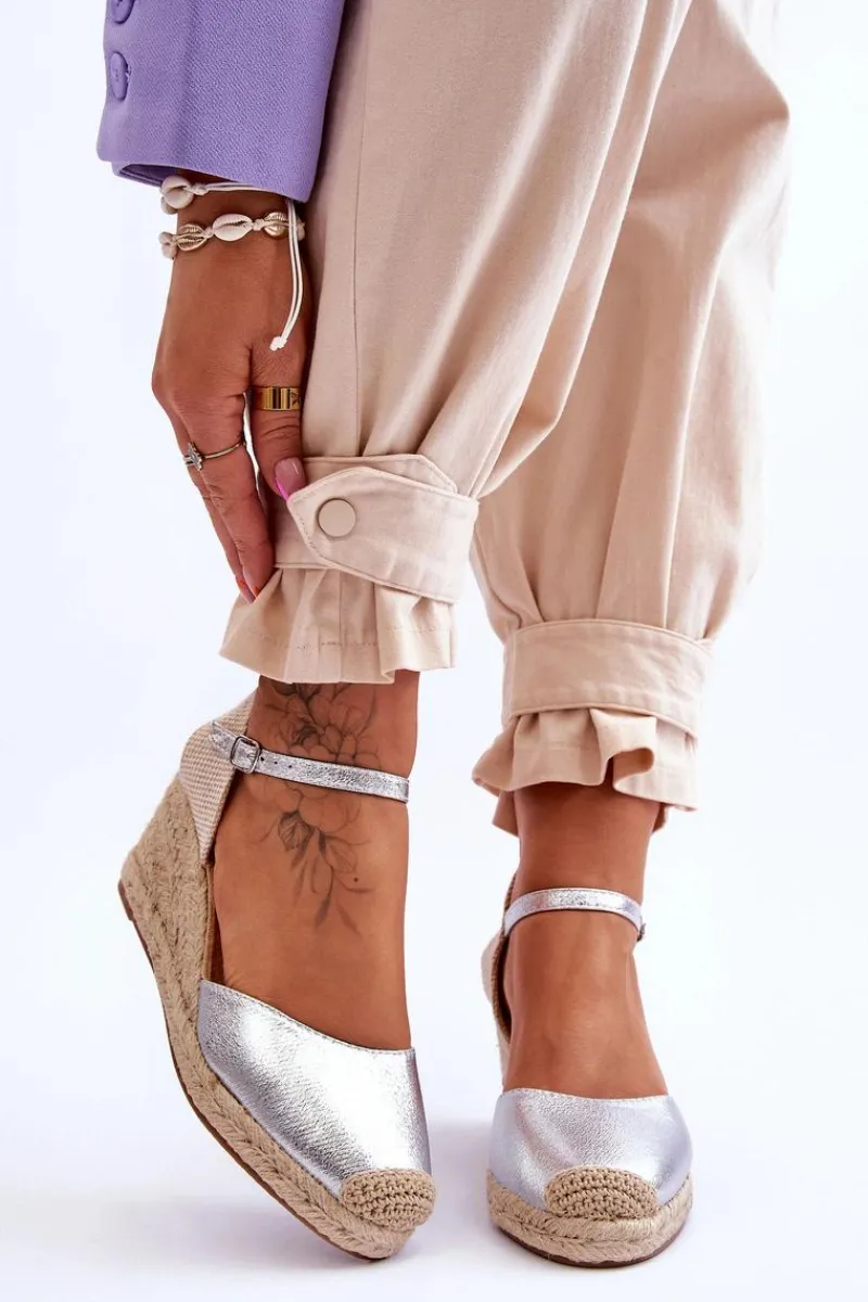 Clearance Skórzane Sandałki Espadryle Na Koturnie Srebrne Cammer Damskie Sandały Na Koturnie