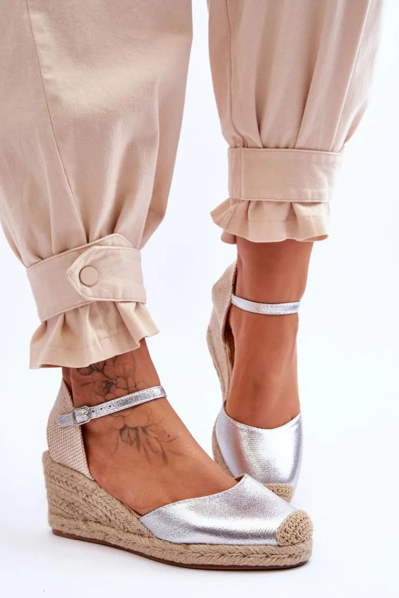 Clearance Skórzane Sandałki Espadryle Na Koturnie Srebrne Cammer Damskie Sandały Na Koturnie