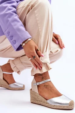 Clearance Skórzane Sandałki Espadryle Na Koturnie Srebrne Cammer Damskie Sandały Na Koturnie