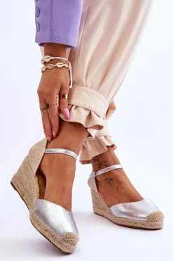 Clearance Skórzane Sandałki Espadryle Na Koturnie Srebrne Cammer Damskie Sandały Na Koturnie