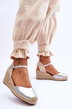 Clearance Skórzane Sandałki Espadryle Na Koturnie Srebrne Cammer Damskie Sandały Na Koturnie