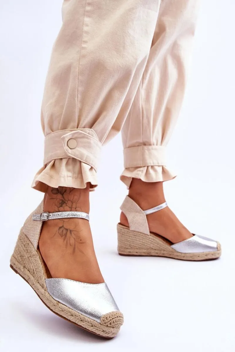Clearance Skórzane Sandałki Espadryle Na Koturnie Srebrne Cammer Damskie Sandały Na Koturnie