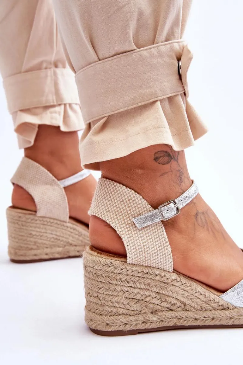 Clearance Skórzane Sandałki Espadryle Na Koturnie Srebrne Cammer Damskie Sandały Na Koturnie