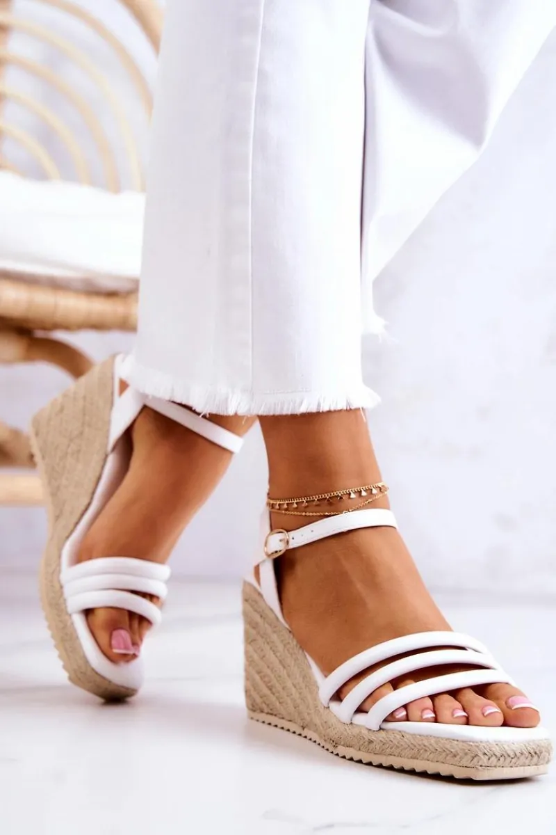 Outlet Boto Skórzane Sandałki Na Koturnie Białe Louisiana