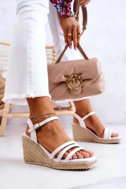 Outlet Boto Skórzane Sandałki Na Koturnie Białe Louisiana