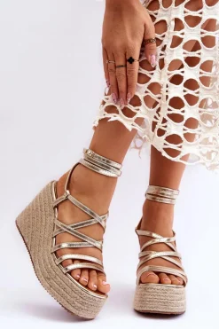 Sandały Na Koturnie>Boto Skórzane Sandałki Na Koturnie Złote Margaritt