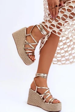 Sandały Na Koturnie>Boto Skórzane Sandałki Na Koturnie Złote Margaritt