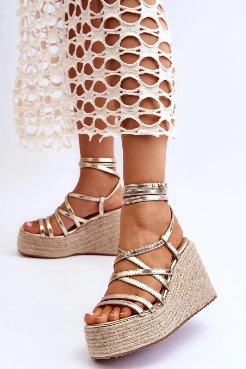 Sandały Na Koturnie>Boto Skórzane Sandałki Na Koturnie Złote Margaritt