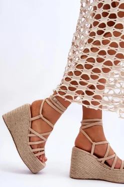 New Boto Skórzane Sandałki Na Koturnie Beżowe Margaritt