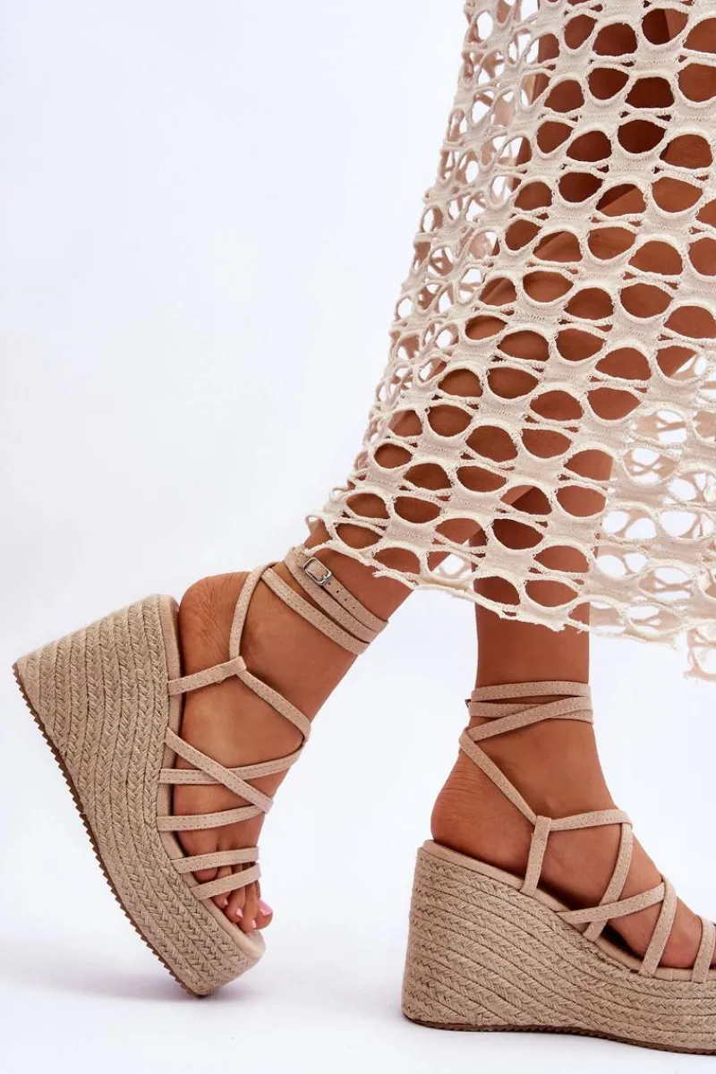 New Boto Skórzane Sandałki Na Koturnie Beżowe Margaritt