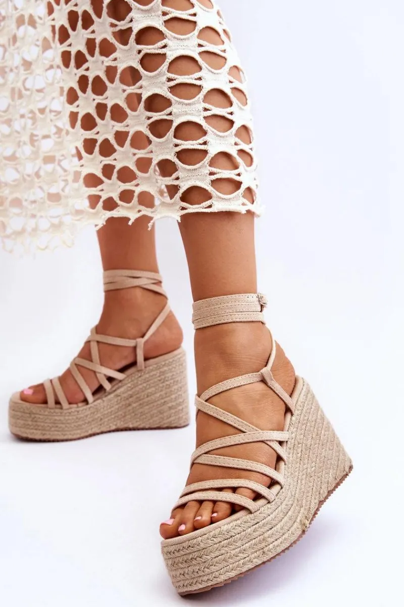 New Boto Skórzane Sandałki Na Koturnie Beżowe Margaritt