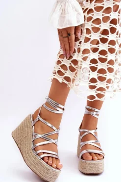 Online Skórzane Sandałki Na Koturnie Srebrne Margaritt Damskie Sandały Na Koturnie