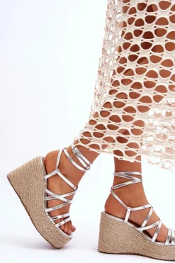 Online Skórzane Sandałki Na Koturnie Srebrne Margaritt Damskie Sandały Na Koturnie