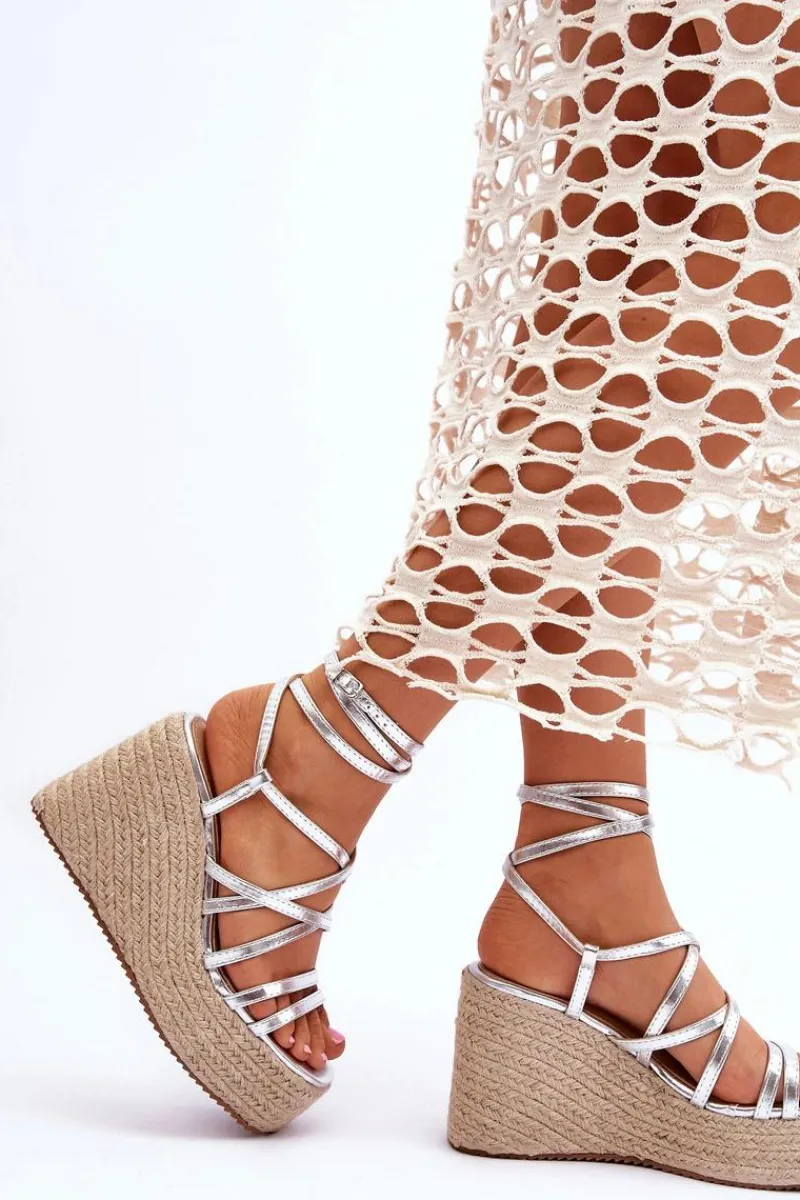 Online Skórzane Sandałki Na Koturnie Srebrne Margaritt Damskie Sandały Na Koturnie