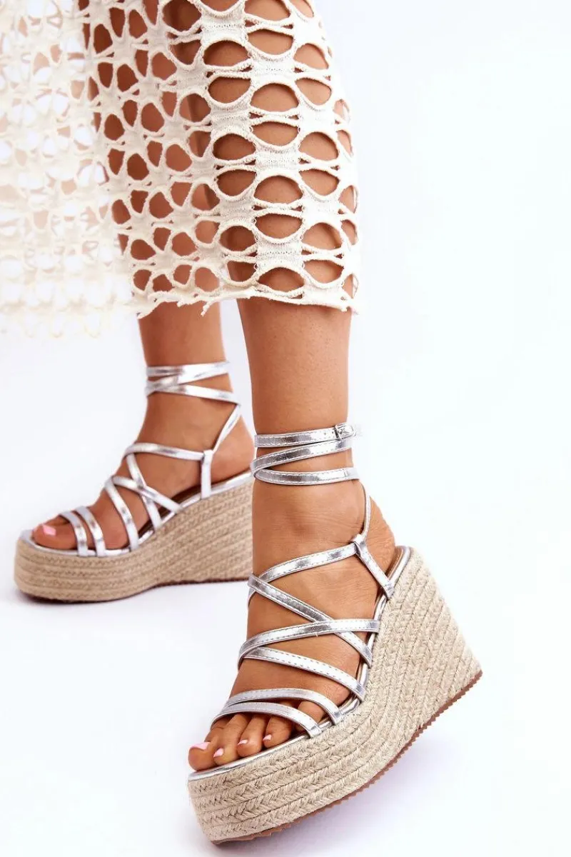 Online Skórzane Sandałki Na Koturnie Srebrne Margaritt Damskie Sandały Na Koturnie