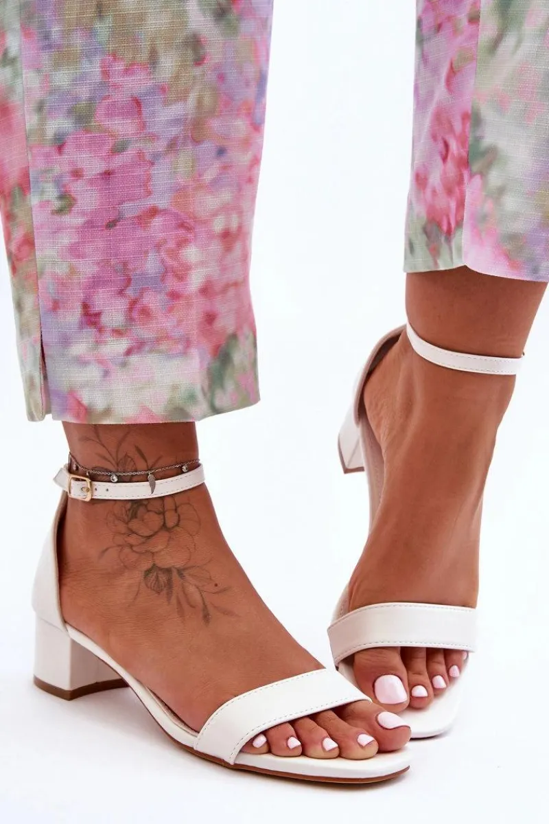 Skórzane Sandałki Na Obcasie Gładkie Białe Inspire Me! Damskie Sandały Na Obcasie